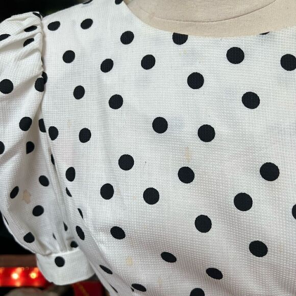 Killer Vintage 1980s White Pleated Tiered Peplum Polka Dot Bow Puff Sleeve Dress - Picture 6 of 11
